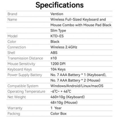 Teclado y ratón inalámbricos vention combo ktdb0-es - Imagen 5