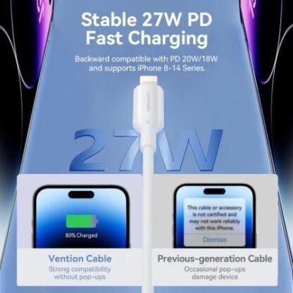Cable usb 2.0 tipo-c lightning vention lakbh/ usb tipo-c macho - lightning macho/ hasta 27w/ 480mbps/ 2m/ negro - Imagen 4