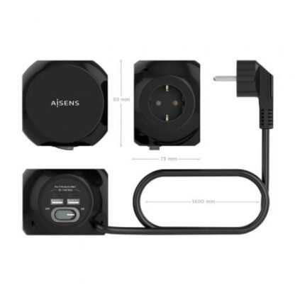 Regleta con interruptor aisens asps-2a2c05-bk/ 3 tomas de corriente/ 2 usb tipo-c/ 2 usb/ cable 1.4m/ negro - Imagen 3