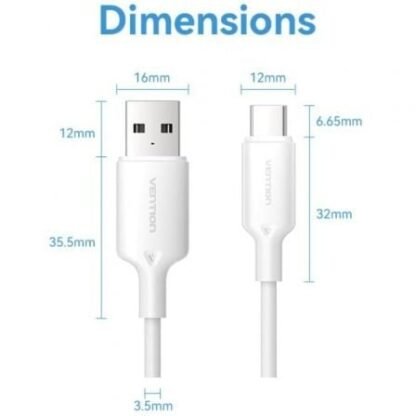 Cable usb 2.0 tipo-c vention ctqwf/ usb tipo-c macho - usb macho/ hasta 60w/ 480mbps/ 1m/ blanco - Imagen 3