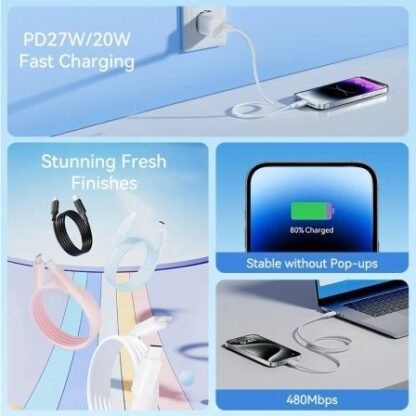 Cable usb 2.0 tipo-c lightning vention lakwh/ usb tipo-c macho - lightning macho/ hasta 27w/ 480mbps/ 2m/ blanco - Imagen 3