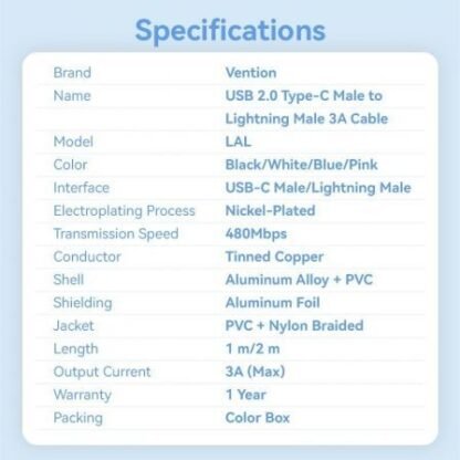 Cable usb tipo-c lightning vention lalbf/ usb tipo-c macho - lightning macho/ 27w/ 480mbps/ 1m/ negro - Imagen 2