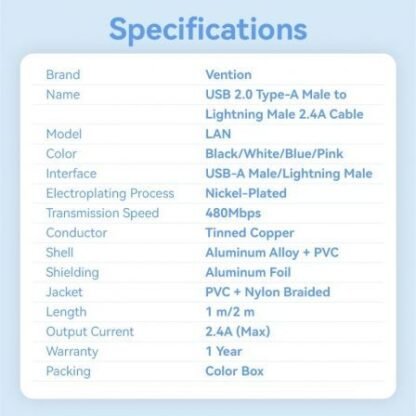 Cable usb lightning vention lanph/ usb macho - lightning macho/ 480mbps/ 2m/ rosa - Imagen 3