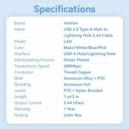 Cable usb 2.0 lightning vention lansh/ usb macho - lightning macho/ 480mbps/ 2m/ azul - Imagen 3