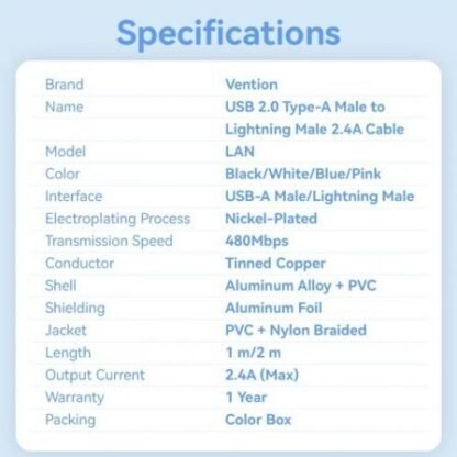 Cable usb lightning vention lanwf/ usb macho - lightning macho/ 480mbps/ 1m/ blanco - Imagen 3