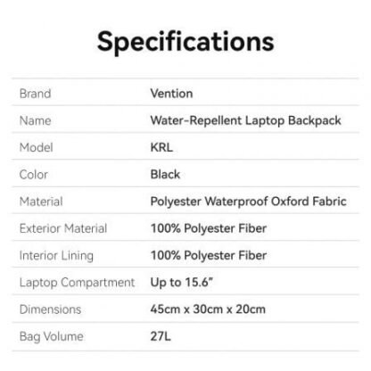 Mochila vention krlb0 para portátiles hasta 15.6"/ impermeable/ negra - Imagen 4