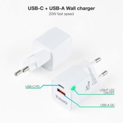 Cargador de pared tooq tqwc-qcpd20wt/ 1xusb-tipo c/ 1x usb/ 20w/ blanco - Imagen 2
