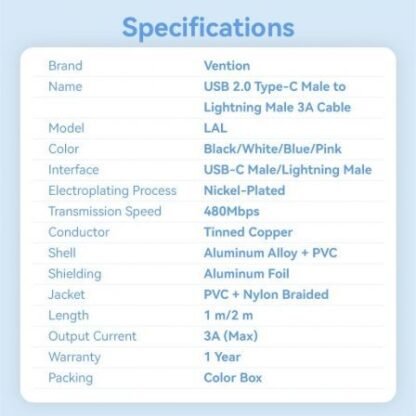Cable usb tipo-c lightning vention lalbh/ usb tipo-c macho - lightning macho/ 27w/ 480mbps/ 2m/ negro - Imagen 2