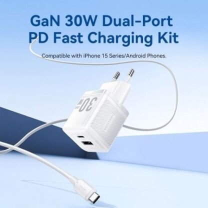 Cargador de pared gan vention tz-feqw0-eu-01/ 1xusb tipo-c/ 1xusb + cable usb tipo-c/ 30w - Imagen 2
