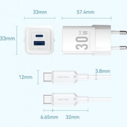 Cargador de pared gan vention tz-feqw0-eu-01/ 1xusb tipo-c/ 1xusb + cable usb tipo-c/ 30w - Imagen 5