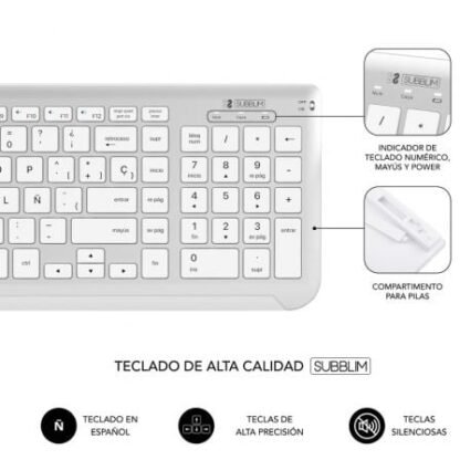 Teclado y ratón inalámbrico subblim combo dual prestige extendido/ blanco y plata - Imagen 3