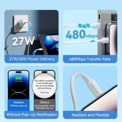Cable usb 2.0 tipo-c lightning vention lajwf/ usb tipo-c macho - lightning macho/ hasta 27w/ 480mbps/ 1m/ blanco - Imagen 3