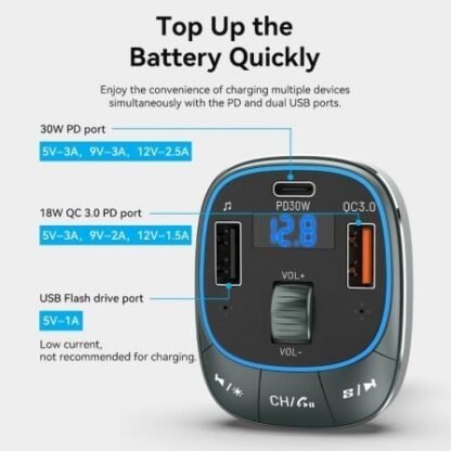Transmisor fm/ mp3/ bluetooth vention fflb0/ 1xusb-tipo c/ 2xusb/ 30w - Imagen 5