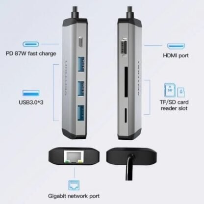 Docking usb tipo-c vention cndhb/ 1xhdmi/ 3xusb/ 1xusb tipo-c pd/ 1xrj45/ 1xlector tarjetas/ gris - Imagen 2