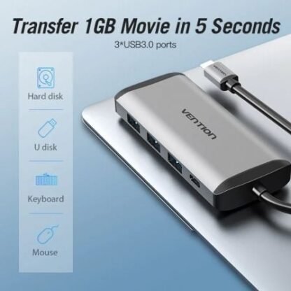 Docking usb tipo-c vention cndhb/ 1xhdmi/ 3xusb/ 1xusb tipo-c pd/ 1xrj45/ 1xlector tarjetas/ gris - Imagen 3
