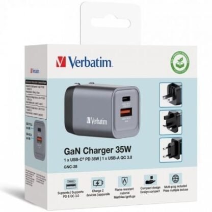 Cargador de pared universal gan para viaje verbatim gnc-35/ 1xusb tipo-c/ 1xusb/ 35w - Imagen 3