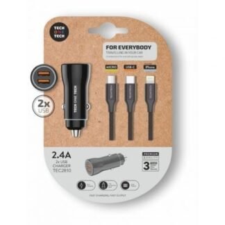 Cargador de coche tech one tech tec2810/ 2xusb + cable 3 en 1/ 12w