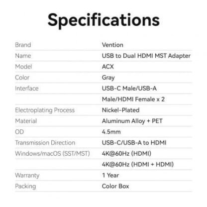 Conversor vention acxhb/ usb tipo-c macho/ usb macho - 2x hdmi hembra/ 15cm/ gris - Imagen 4