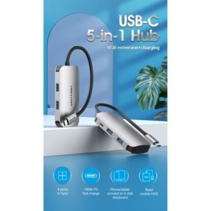 Hub usb tipo-c vention tnbhb/ 4xusb/ 1xusb tipo-c pd - Imagen 2