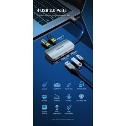 Hub usb tipo-c vention tnbhb/ 4xusb/ 1xusb tipo-c pd - Imagen 3