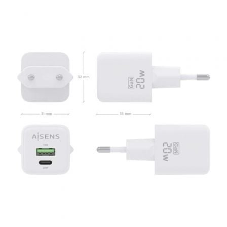 Cargador de pared gan aisens asch-20w2p010-w/ 1xusb tipo-c/ 1xusb/ 20w - Imagen 4
