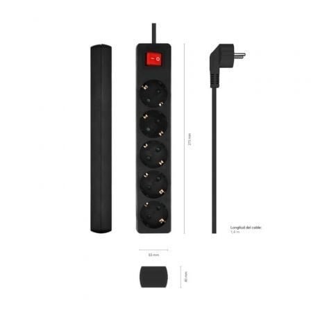 Regleta con interruptor aisens a154-0652/ 5 tomas de corriente/ cable 1.4m/ negro - Imagen 3