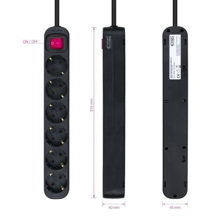 Regleta con interruptor nanocable 10.37.0006-bk/ 6 tomas de corriente/ cable 1.4m/ negro - Imagen 3