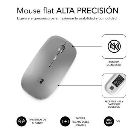 Ratón inalámbrico por bluetooth subblim dual flat/ batería recargable/ hasta 1600 dpi/ plata - Imagen 2