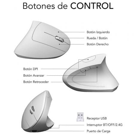 Ratón vertical inalámbrico por bluetooth/ 2.4ghz subblim glide vertical ergo dual battery/ batería recargable/ hasta 1600 dpi/ - Imagen 4