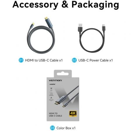 Cable conversor hdmi 2.0 4k vention ablhg/ usb tipo-c macho - hdmi macho/ usb tipo-c pd 1.5m/ gris - Imagen 2