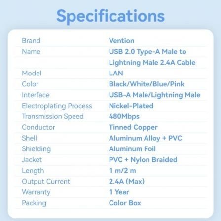 Cable usb lightning vention lanwh/ usb macho - lightning macho/ 480mbps/ 2m/ blanco - Imagen 3