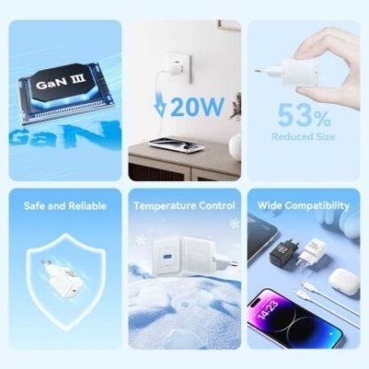 Cargador de pared gan vention tz-fepw0-eu-01/ 1xusb tipo-c + cable usb tipo-c/ 20w - Imagen 3