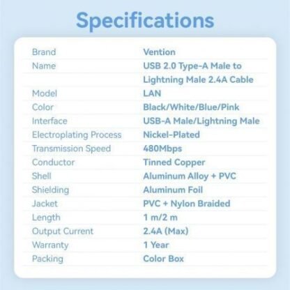 Cable usb lightning vention lanbf/ usb macho - lightning macho/ 480mbps/ 1m/ negro - Imagen 3