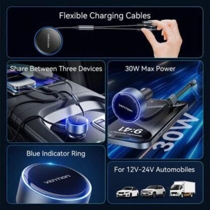 Cargador de coche vention ffob0/ 1xusb tipo-c macho/ 1xusb tipo-c hembra/ 1xlightning macho/ 30w - Imagen 2