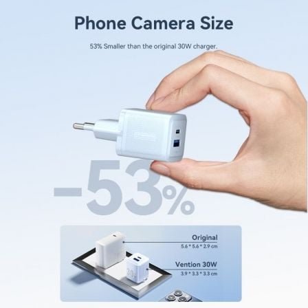 Cargador de pared gan vention feqp0-eu/ 1xusb tipo-c/ 1xusb/ 30w - Imagen 4
