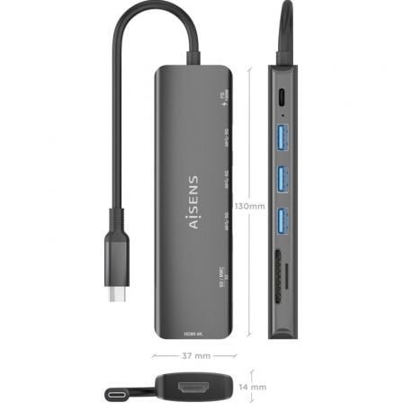 Docking usb tipo-c aisens asuc-7p025-gr/ 1xhdmi 4k/ 3xusb/ 1xusb tipo-c pd/ 1xlector tarjetas/ gris - Imagen 4