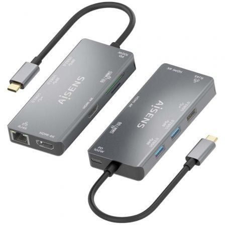 Docking usb tipo-c aisens asuc-9p018-gr/ 2xhdmi 4k/ 3xusb/ 1xrj45/ 1xlector tarjetas/ 1xusb tipo-c pd/ gris - Imagen 2