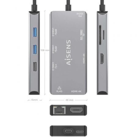 Docking usb tipo-c aisens asuc-9p018-gr/ 2xhdmi 4k/ 3xusb/ 1xrj45/ 1xlector tarjetas/ 1xusb tipo-c pd/ gris - Imagen 3