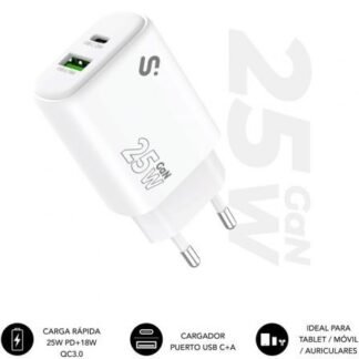 Cargador de pared gan subblim 25w charger usb c+a/ 1xusb tipo-c/ 1xusb/ 25w