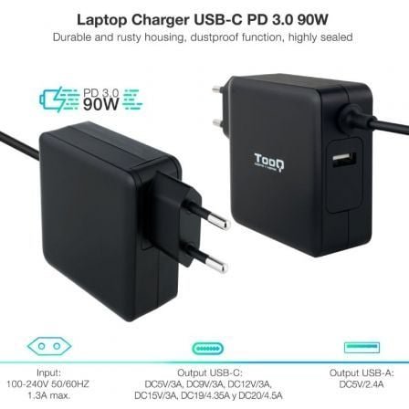 Cargador de portátil tooq tqlc-usbc90pd usb tipo-c/ 90w/ automático/ voltaje 5-20v - Imagen 2