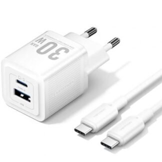 Cargador de pared gan vention tz-feqw0-eu-01/ 1xusb tipo-c/ 1xusb + cable usb tipo-c/ 30w