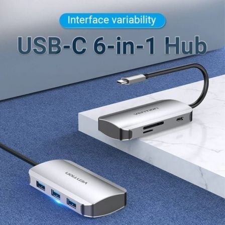 Docking usb tipo-c vention tnhhb/ 3xusb/ 1xusb tipo-c pd/ 1xlector tarjetas sd y microsd/ gris - Imagen 2