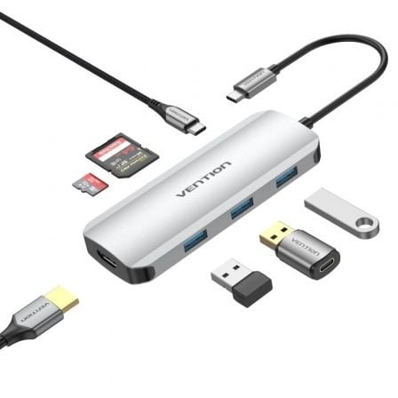 Docking usb tipo-c vention tojhb/ 1xhdmi 4k/ 3xusb/ 1xusb tipo-c/ 1xlector tarjetas/ gris