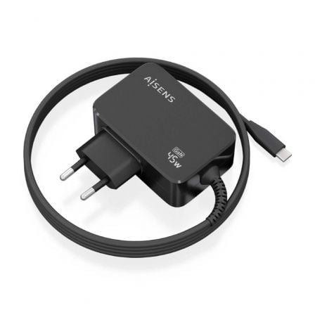 Cargador de Pared GaN Aisens ASCH-1PD45WL032-BK/ 1xUSB Tipo-C + Cable 1.8m/ 45W
