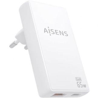 Cargador de Pared GaN Aisens ASCH-65W2P076-W/ 1xUSB Tipo-C/ 1xUSB/ 65W/ Blanco