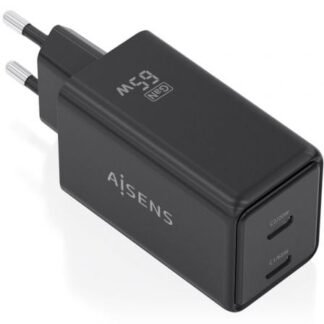 Cargador de Pared GaN Aisens ASCH-65W2P079-BK/ 2xUSB Tipo-C/ 65W/ Negro