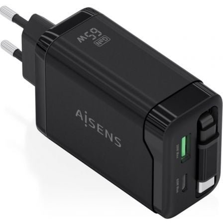 Cargador de Pared GaN Aisens ASCH-65W3P071-BK/ 1xUSB Tipo-C/ 1xUSB/ 65W/ Negro
