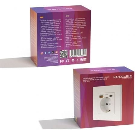 Roseta de Pared Nanocable 10 35 0011/ 1 Schuko/ 1 USB Tipo-C/ 1 USB - Imagen 5