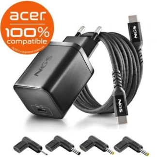Cargador gan de portátil ngs bud65w-ac para acer/ 1xusb tipo-c/ 65w/ automático/ 4 conectores/ voltaje 5-20v
