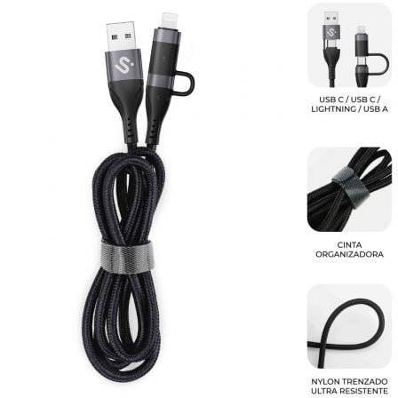 Cable USB 2.0 Tipo-C Subblim Top 4 en 1/ USB Tipo-C Macho - USB Macho/ USB Tipo-C Macho - Lightning Macho/ Hasta 60W/ 480Mbps/ 1m/ Negro - Imagen 2